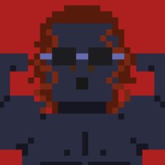 A low-resolution pixel art image shows a dark, hooded figure with glowing blue eyes and brownish hair against a solid red background.