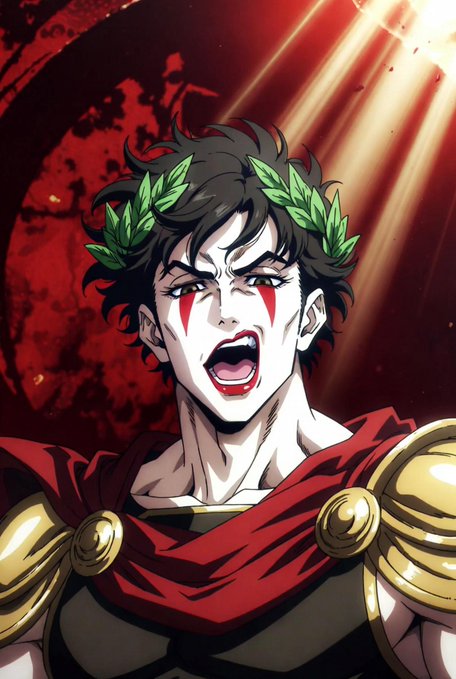 An anime-style illustration of a fierce warrior character wearing a laurel wreath and red cape, screaming dramatically against a blood-red background with a red moon.