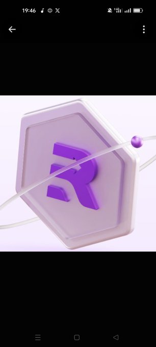 A purple 3D-rendered app icon featuring the letter 'R' on a hexagonal tile with a ringed planet orbiting it, displayed on an Android phone screen.