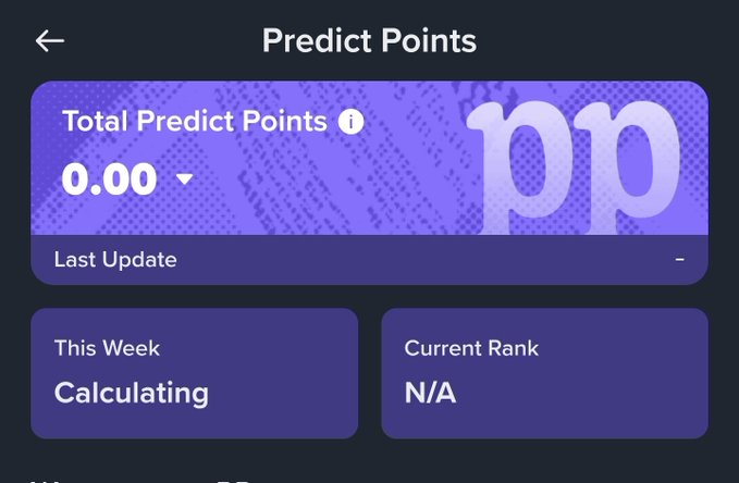 The image shows a screen displaying a list of predicted points for a cryptocurrency called PP Points, which is available at Binance. The screen also has an update section where users can see if there have been any updates or changes made since their last visit. Additionally, there are two columns with the words "calculating" and "this week", indicating that the user's score might be calculated for this week.