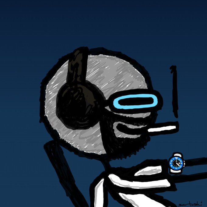 A cartoon-style drawing depicts a character with a grey helmet, black headphones, and blue goggles, smoking a cigarette and wearing a watch with a small image on its face, signed 'sartoshi' in the corner.