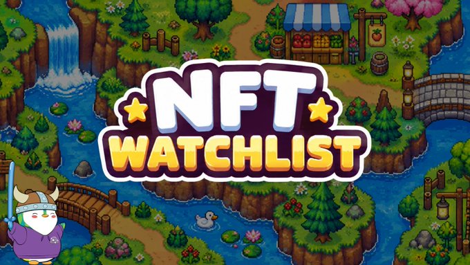 Vibrant pixel-art landscape featuring waterfalls, bridges, and a marketplace stall showcases the bold "NFT WATCHLIST" title, serving as an eye-catching header for a weekly roundup of NFT project recommendations and whitelist opportunities.