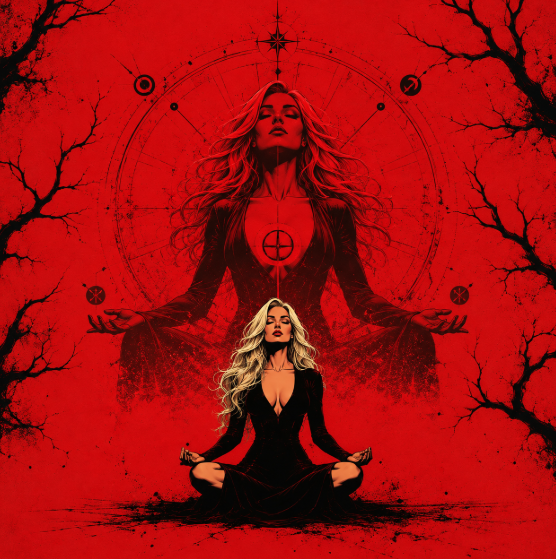 A dark, red-toned illustration of a woman meditating in a lotus pose, with a larger spiritual figure rising behind her surrounded by a circular mandala.