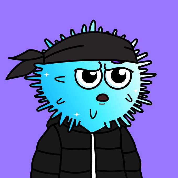 A cartoon blue urchin character with a black bandana and puffer jacket makes a unimpressed face against a purple background, serving as a sneak peek reveal for the @UrchinFrens NFT project. The grumpy expression and cool accessories give the character a distinct streetwear aesthetic that fits the "Urchin Frens" branding.