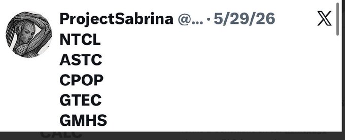 A social media post from 'ProjectSabrina' dated 5/29/26, listing the acronyms NTCL, ASTC, CPOP, GTEC, GMHS.