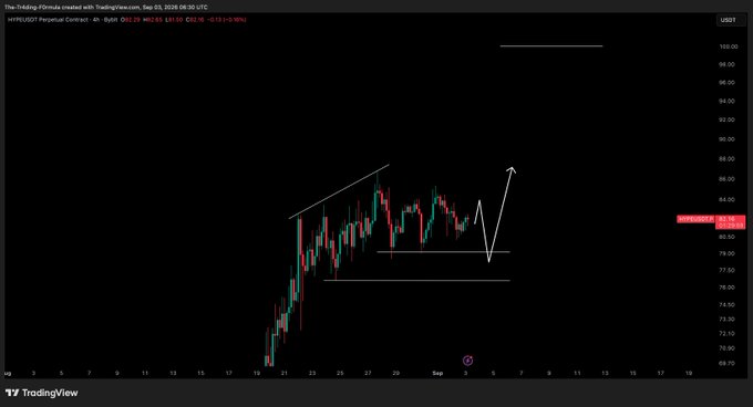 A TradingView chart of $HYPE perpetual contract (USDT) on Hyperliquid's 4-hour timeframe shows the price oscillating around $81.00 after a strong rally, with a downward white arrow indicating the trader's anticipation of a pullback before entering a long position. The chart reflects the post's stance of waiting for a price dip rather than buying mid-level.
