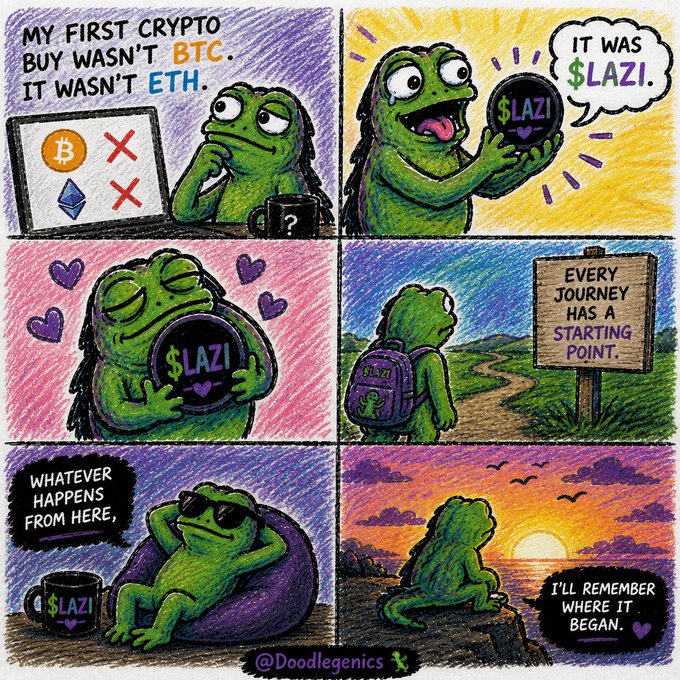 A hand-drawn comic featuring Pepe the Frog in a six-panel story titled 'MY FIRST CRYPTO BUY WASN'T BTC. IT WASN'T ETH. IT WAS $LAZI,' credited to @Doodlegenics.