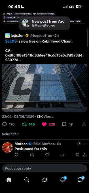 A mobile screenshot of a social media post from @legsdotfun announcing '$LEGS is now live on Robinhood Chain' with a contract address, showing 170 replies, 145 reposts, and 225 likes.