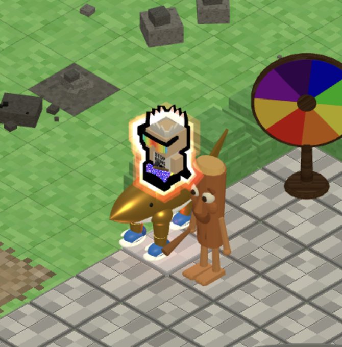 A Minecraft-style game screenshot showing a golden dragon-like creature with a 'PFP MACHINE' chest icon floating above it, standing next to a tall wooden stick figure character, with a colorful spinning prize wheel visible on the right.