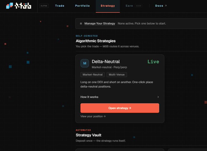 The image shows the Strategy section of the MOB Exchange app, featuring a live "Delta-Neutral" algorithmic strategy for market-neutral perp/perp positions on multi-venues, with an orange "Open strategy" button. This aligns with the post's mention of trying a delta-neutral strategy using Entropy on MOB Exchange, as MOB routes trades across various venues to enable one-click delta-neutral positions.