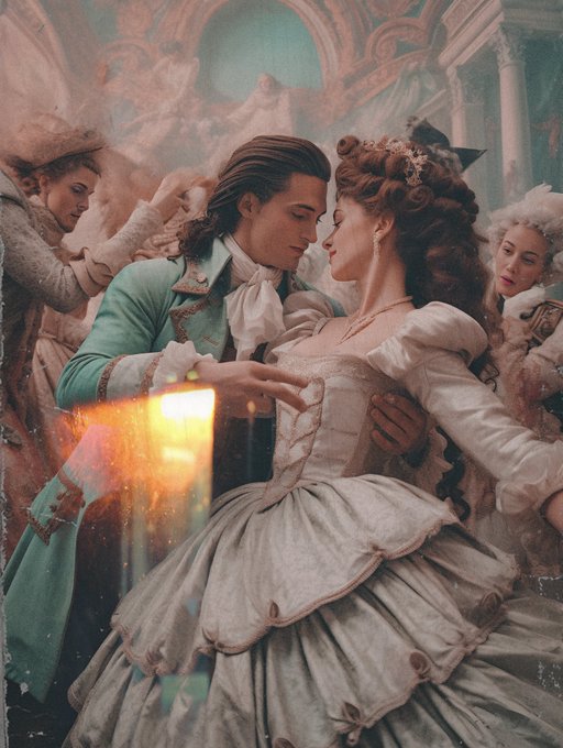 A couple in elaborate period costumes—a man in a teal coat and a woman in a voluminous white gown—dance intimately in an ornate room, with a glowing, colorful distortion obscuring the man's hand in the foreground.