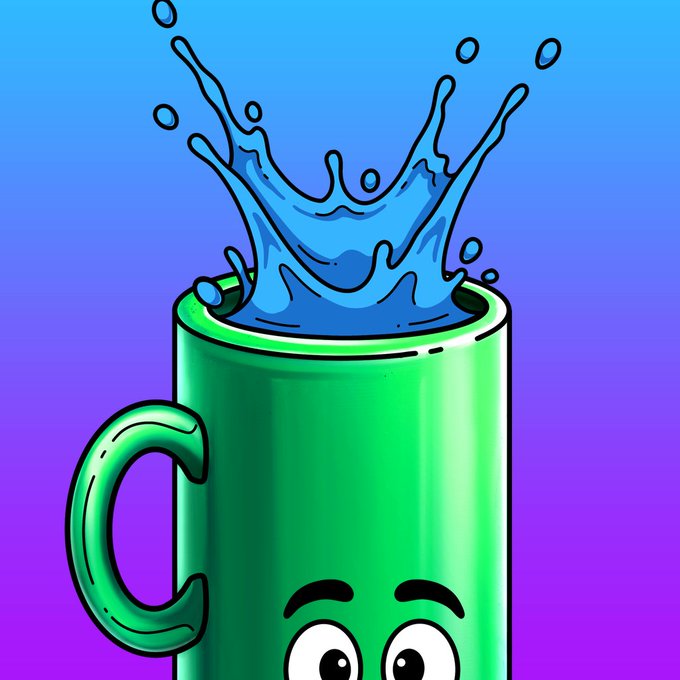 A cartoon illustration of a smiling green mug with a face, splashing with blue liquid against a purple and blue gradient background.