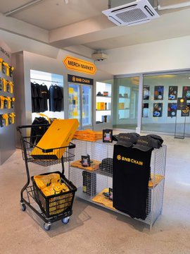 The interior of a yellow merchandise market displaying bags, shirts, and souvenirs. Signage for 'MERCH MARKET' and 'KING NIDO' is visible above shopping carts filled with yellow products.