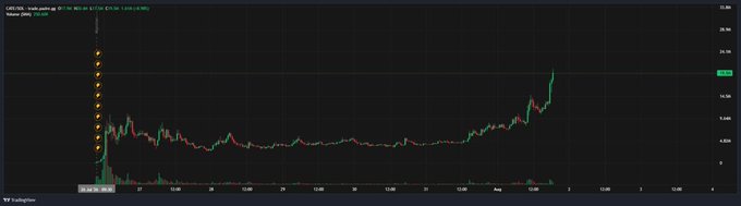 The image displays a TradingView chart for the ticker **CATEUSD**, showing a candlestick price chart with volume bars below. The price experienced a massive early spike near $20m followed by a long decline, before gradually recovering with a recent upward trend toward the current price level around $24.30—suggesting the post's question refers to the dramatic initial price surge visible at the left edge of the chart.
