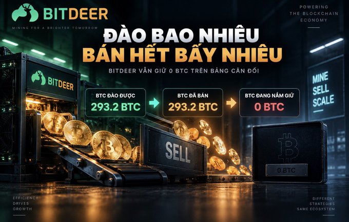 A BitDeer cryptocurrency mining advertisement in Vietnamese reading 'ĐÀO BAO NHIÊU BÁN HẾT BẤY NHIÊU' (Mine as much as you sell), showing the process: 'BTC ĐÀO ĐƯỢC 293.2 BTC' → 'BTC ĐÃ BÁN 293.2 BTC' → 'BTC ĐANG NẮM GIỮ 0 BTC', with imagery of gold Bitcoin coins on a conveyor belt and the tagline 'POWERING THE BLOCKCHAIN ECONOMY'.