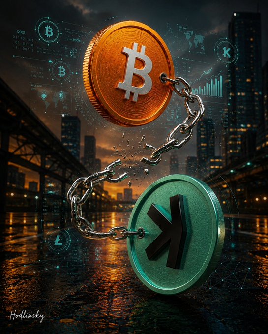 The image depicts a golden Bitcoin coin chained to a teal Kaspa (K) coin against a dark cityscape, symbolizing Kaspa breaking free from Bitcoin's constraints. The broken chain and dynamic pose visually reinforce the caption's message that Kaspa is the evolved successor to Bitcoin, forging ahead to "finish what Bitcoin started."