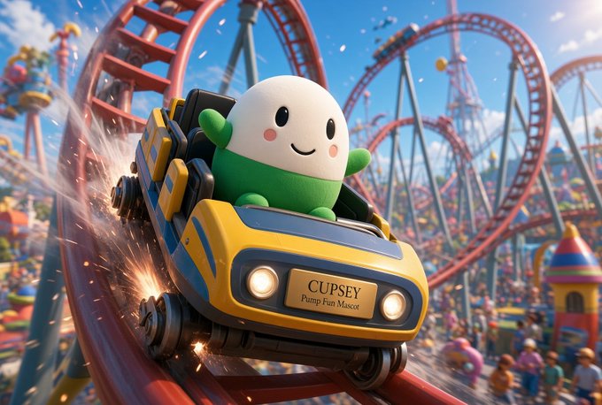 A green and white cartoon mascot rides a yellow roller coaster car labeled 'CUPSEY Pump Fun Mascot' through a colorful amusement park.