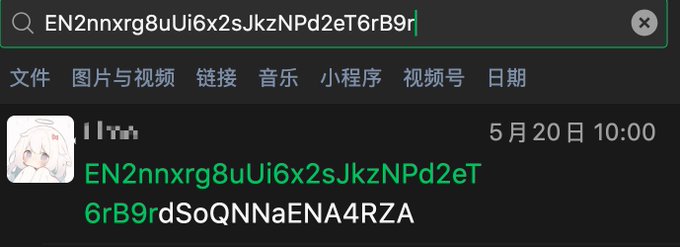 A WeChat search for the string "EN2nnxrg8uUi6x2sJkzNPd2eT6rB9r" returns a single chat entry from May 20 at 10:00, likely containing a crypto wallet address or token identifier, which appears unrelated to the personal anecdote about being called "the pinworm in ansem's belly."