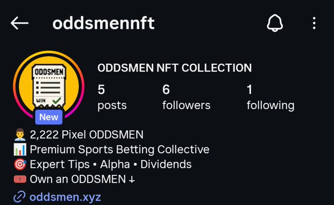 A social media profile for 'oddsmennft' is displayed, showing 'ODDSMEN NFT COLLECTION', a pixel art ticket logo marked 'New', and the bio '2,222 Pixel ODDSMEN Premium Sports Betting Collective' with a link to 'oddsmen.xyz'.