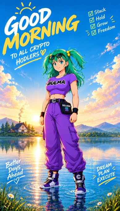 An AI-generated anime-style image of a green-haired girl labeled 'BULMA' wearing purple clothing with a 'SOLANA' belt, with text 'GOOD MORNING TO ALL CRYPTO HODLERS', 'Stack Hold Grow Freedom', 'Better Days Ahead', and 'DREAM PLAN EXECUTE'.