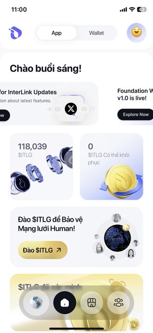A mobile app screenshot in Vietnamese with 'Chào buổi sáng!' greeting, showing $ITLG token stats including 118,039 balance.