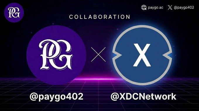 The image features a purple circle with a white "P" inside, accompanied by a blue circle containing an "X". These circles are positioned above a social media post that reads "PAYGO × XDCNetwork We're excited to partner with @XDCNetwork as XDC joins the x402 ecosystem. Together, we'r enabling HTTP-native payments and powering the next wave of AI agents and machine-to-machine commerce." The text in the image is related to a social media post about collaboration between two companies, Paygo and XDC Network.