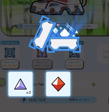 Mobile game screenshot showing a backpack item unboxing interface with a Blue Pointed-Head Goggles level 24 NFT, 0/740 Blue Gems, and Red Gems for refill.