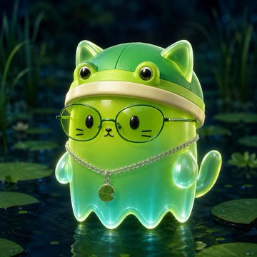 3D rendered cute translucent green cat figurine wearing a green frog hat, round glasses, and a gold dollar-sign chain pendant, posed in a dark pond with lily pads.