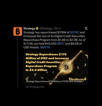 A tweet from Strategy (@Strategy) announces the repurchase of $176M of $STRC and an expansion of its Digital Credit Securities Repurchase Program from $1.0B to $2.0B, mentioning holdings of 845,050 $BTC and $6.5B USD Assets.