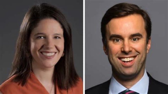 The image shows two photos of a man and woman, both smiling for the camera. They are positioned side by side against a gray background. The caption below the images reads "Meet propagandists Ashley Parker and Michael Scherer." This suggests that these individuals may be involved in spreading information or promoting ideas related to Elon Musk's rise and fall.