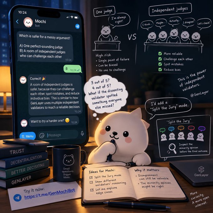 A complex graphic showing a phone conversation with a bot named "Mochi" about a logical puzzle ("Which is safer for a messy argument?"), comparing "One judge" vs "Independent judges," featuring a cute dog character and notes for GenLayer.