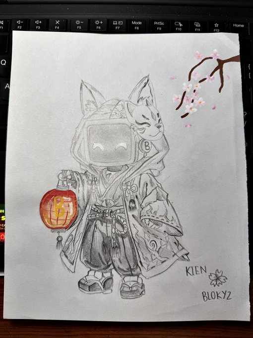 A pencil sketch on paper of a hooded anime character with cat ears, a mask, and a fox companion, holding an orange lantern, signed 'KIEN' and 'BLOKY2' with cherry blossoms in the corner.