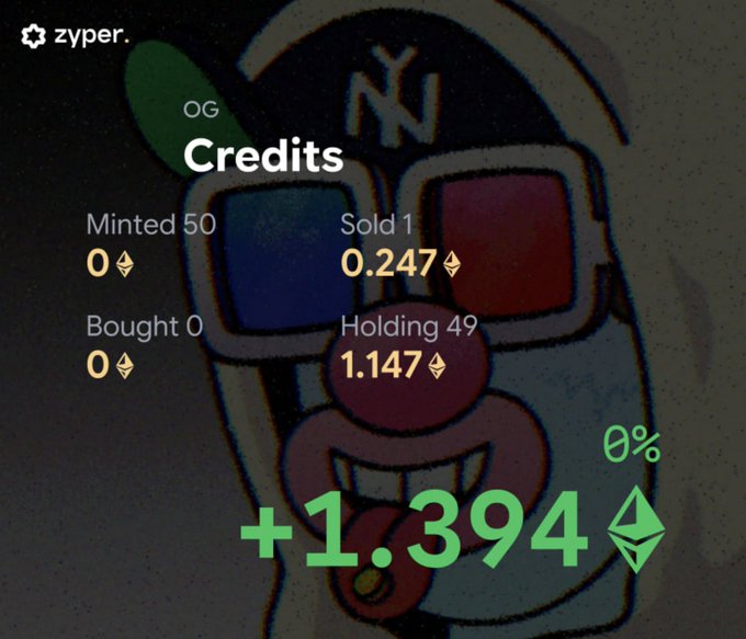 A screenshot from Zyper shows an "OG Credits" portfolio with 50 NFTs minted, 1 sold for 0.247 ETH, and 49 currently held, displaying a total balance of +1.394 ETH with a 0% return. The background features a cartoon character wearing a cap and 3D glasses, complementing the post about holding onto the remaining 49 Credits NFTs.