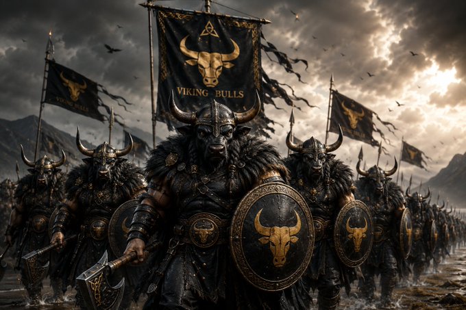 Dark fantasy illustration of horned Viking warriors in black and gold armor bearing 'VIKING BULLS' banners featuring a bull head emblem, marching under a stormy sky with ravens.