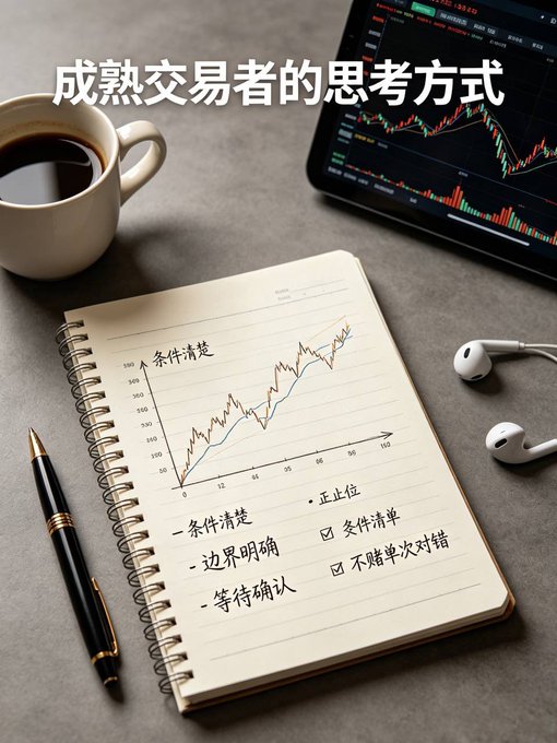 A notebook titled "成熟交易者的思考方式" (Mature Trader's Mindset) displays a hand-drawn price chart with the principles "条件清楚" (Clear Conditions), "一条件清楚" (One Condition Clear), "边界明确" (Clear Boundaries), "等待确认" (Wait for Confirmation), "正仓位" (Proper Position), "条件清单" (Condition Checklist), and "不赌单次对错" (Don't Bet on a Single Outcome), accompanied by a coffee cup, pen, earbuds, and a tablet showing live trading charts. The image visually reinforces the post's message that successful traders focus on clear conditions and response plans rather than trying to predict market direction, illustrating how disciplined traders prioritize preparation and risk management over speculative guesswork.