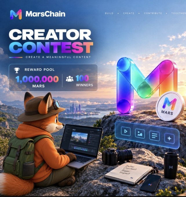 A 'MarsChain CREATOR CONTEST' advertisement showing a fox character wearing a hat and goggles using a laptop outdoors, with a reward pool of '1,000,000 MARS' and '100 WINNERS' displayed.