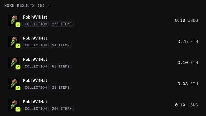 The image shows a list of fake or scam "RobinWifHat" NFT collections listed on OpenSea, with varying prices (0.10 USDG, 0.75 ETH, 0.10 ETH, 0.33 ETH, and 0.10 USDG) and item counts (276, 34, 51, 33, and 260 items). These fraudulent listings support the post's warning about scammers impersonating the project on OpenSea, emphasizing the need for collectors to verify the official link before purchasing.