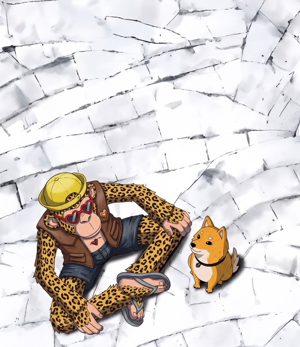 An illustration showing an ape-like character wearing a yellow construction hat, red sunglasses, a brown vest, and leopard-print pants and arms, sitting on a stone surface next to a small Shiba Inu dog.