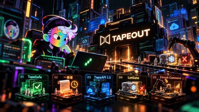 A futuristic digital illustration titled 'TAPEOUT' featuring a cartoon character and five labeled sections: '01 TapeSafe', '02 一路發', '03 TapeAPI 1.5', '04 LotGate', and '05 Circuit Commons'.