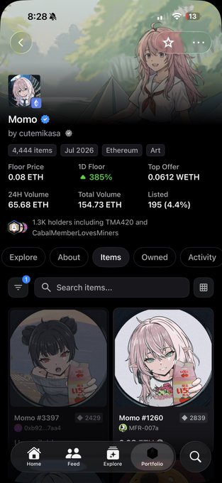 A screenshot of the "Momo" NFT collection page showing stats like a 0.08 ETH floor price (up 385%), 24H volume of 65.68 ETH, and 4,444 items, with individual NFT listings for Momo #3397 and Momo #1260 visible—context that fits a casual "Good stuff" reaction to the collection's performance.
