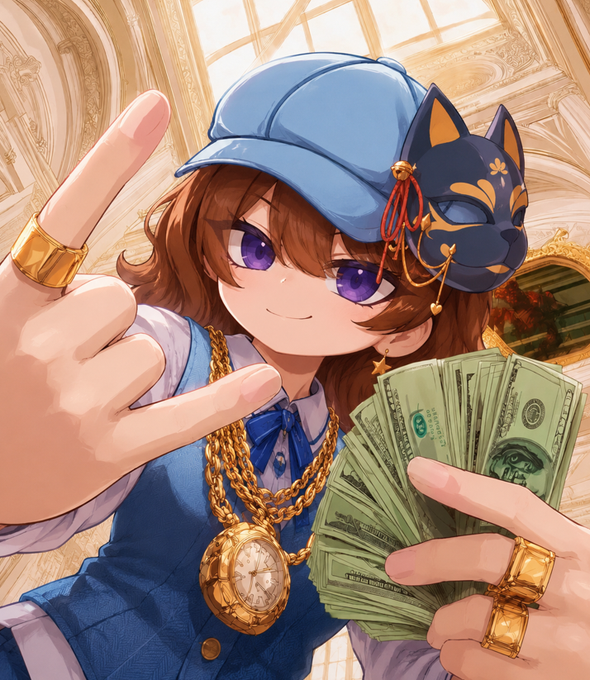 An anime-style character in a blue cap, gold chains, and a pocket watch confidently holds up a fan of $100 bills while a hand gives a thumbs-up in the foreground. The opulent gold mansion setting and "money-themed" flex perfectly match the post's theme of financial growth, reinforcing the "your money starts to grow" message.