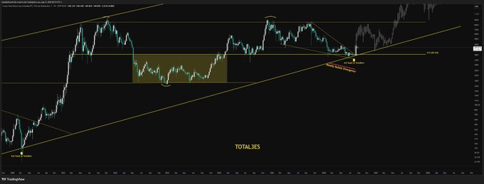 A TradingView stock chart showing technical analysis with yellow trendlines, a highlighted rectangle zone, and the Spanish text 'TOTAL LEJES' labeling the overall market range.