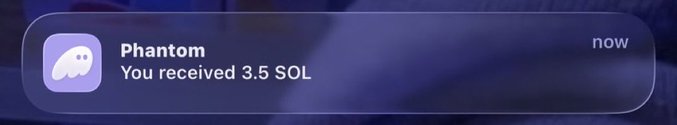 The image features a screenshot of an app called " Phantom" with a purple icon, which appears to be a social media platform like Instagram or Facebook. The message displayed in the photo reads: "Phantom You received 3.5 Sol now". This message is related to the social media account where users receive notifications for their friends' posts and updates. It also suggests that the user's friend has sent them some information or a new post they want them to see immediately.