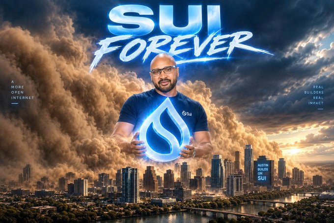 A promotional image titled 'SUI FOREVER' featuring a man holding a glowing blue Sui logo, set against a dramatic cloudy sky over a city skyline with text reading 'A MORE OPEN INTERNET' and 'REAL BUILDERS, REAL IMPACT.'