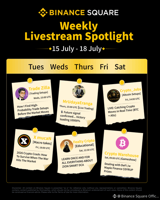 A Binance Square "Weekly Livestream Spotlight" flyer for 15–18 July features six streams across Tuesday through Saturday, including Crypto Workshop by Maple Finance on Saturday at 09:00 UTC discussing DeFi and the SSYRUP token, alongside other creators like MrUdayaEranga, Trade Zilla, Crypto_Jobs, X_mucaN, and Fealty Crypto. The post highlights that the Saturday Maple Finance stream is featured alongside Crypto_Jobs in this weekly spotlight lineup.