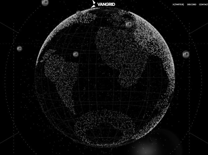 A dark, minimalist website for 'VANGRID' featuring a 3D wireframe globe made of particles with icons floating around it, with navigation links for X (Twitter), Discord, and Contact in the top right.