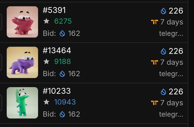 A screenshot of a marketplace listing three cartoon-style 3D avatars (#5391, #13464, #10233) with bids and pricing displayed in TON cryptocurrency.