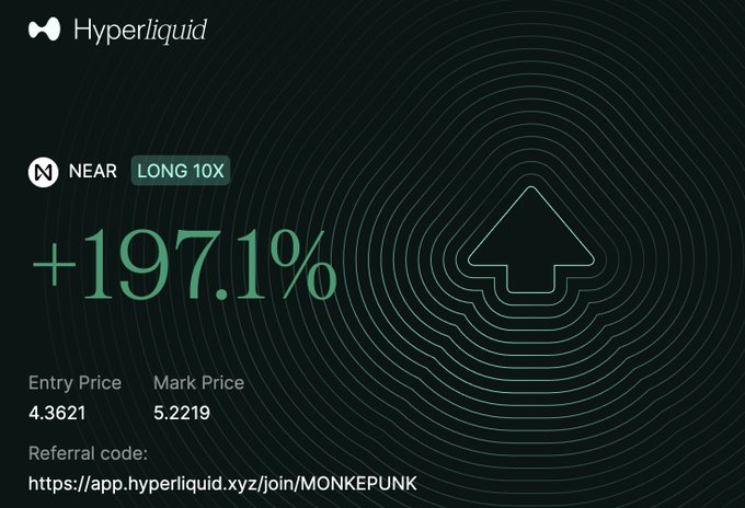 A Hyperliquid trading screenshot showing a NEAR LONG 10X position with a +197.1% gain, entry price 4.3621, and mark price 5.2219, with referral code https://app.hyperliquid.xyz/join/MONKEPUNK.