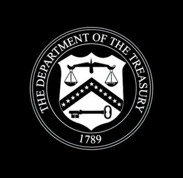 The official seal of the United States Department of the Treasury, featuring scales of justice, a chevron with stars, and a key, with the establishment date '1789' on a black background.