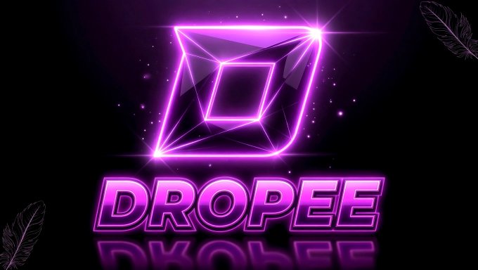 ?".DROPEE" is displayed in a purple square against a black background, with a reflection of the logo on the right side and a white "D" below it.